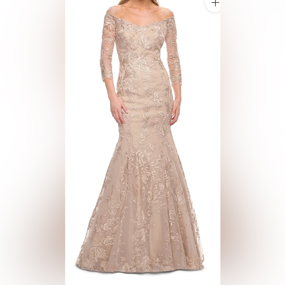 La Femme Floral Lace Long Sleeve Gown in Cream